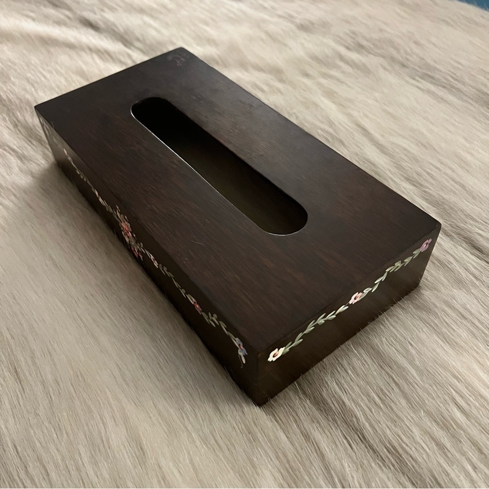 Vintage HANDPAINTED Flowets Dark Wooden Rectangle Tissue Box Covet Midcentury - Picture 6 of 12